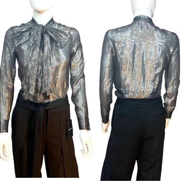 SAINT Laurent YSL Bow Neck Tie Metallic Silk Silver Collared Blouse Top Size 6 - Picture 9 of 14
